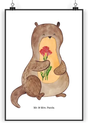 Produktbild von Mr. & Mrs. Panda Bild Otter Blumenstrauß DIN A3 - Weiß - Geschenk, Kunstdruck, Niedlich, Seeotter See, Deko, drucke, Wanddekoration, Süß, wanddeko