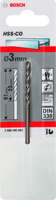Produktbild von Metallbohrer HSS-Co, DIN 338, 3 x 33 x 61 mm, 1er-Pack