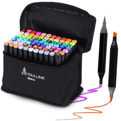 Image de Extralink set de marqueurs à alcool pour dessin, 80 couleurs, double pointe