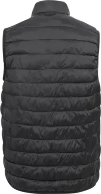 A back view of a black puffer vest.