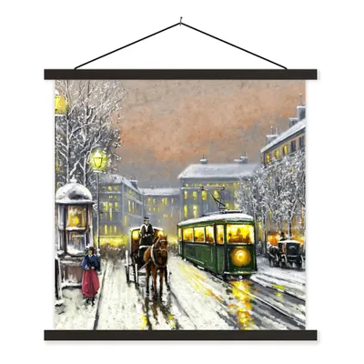 Produktbild von MuchoWow® Textilposter Gemälde - Ölgemälde - Winter - Straßenbahn - Pferd 60x60 cm mit schwarzem Rahmen - Posteraufhänger