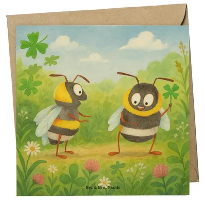 Produktbild von Mr. & Mrs. Panda Grußkarte Hummeln Kleeblatt Design - Weiß - Geschenk, Biene Deko, anlasskarte, Glückwunschkarte, Hummel, Klappkarte, Tiermotive, glücklich Werden, sein