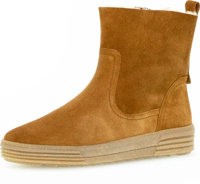 A single brown suede boot is shown against a white background.