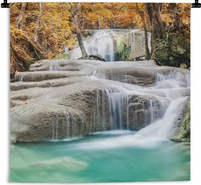 Produktbild von MuchoWow® Wandteppich Wandbehang Wald - Wasserfall - Herbst 90x90 cm Tapisserie Dekoration Wandtuch - Wandaufhänger