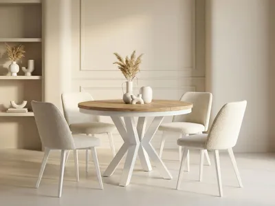 Produktbild von Runder Ausziehbarer Esstisch im Loft-Stil - Industrieller Tisch mit Weißen Metallbeinen - Platzsparender Tisch für Wohnzimmer - Craft Eiche - 120 bis 200 cm
