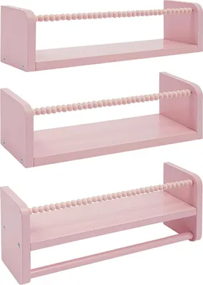 Immagine prodotto di Scaffale da parete per cameretta - Set di 3 mensole sospese - Legno di pino - Per libri e giocattoli - Facile da montare - Rosa