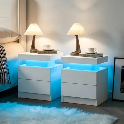 Produktbild von Nachttisch 50 x 36 x 53 cm mit LED-Beleuchtung, 2 Schubladen, offenem Fach, 2er-Set, Weiß