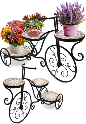 Produktbild von Mosaik Blumenständer, Blumentreppe Metall in Fahrrad Form, Blumentopf Ständer, 3 Ebenen, Blumen, Pflanzen, Regal, für Garten, Balkon, Innen & Außen
