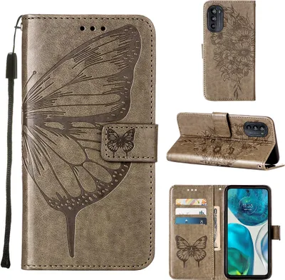 Produktbild von Moto G52 Hülle, Schmetterling Prägung Flip Leder Kartenfächer Schutzhülle Ledertasche mit Ständer für Motorola Moto G52 Grau
