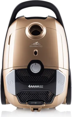 A front view of a gold and black vacuum cleaner against a white background.