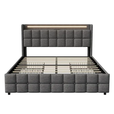 Produktbild von Polsterbett LED, mit Aufladen USB Ladefunktion Kopfteil und 4 Schubladen,Doppelbett 160x200cm Stauraumbetten Bettgestell, Lattenrost aus Holz, Grau