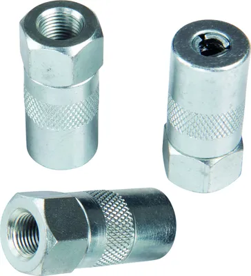Three metal adapters for a grease gun are displayed against a white background.