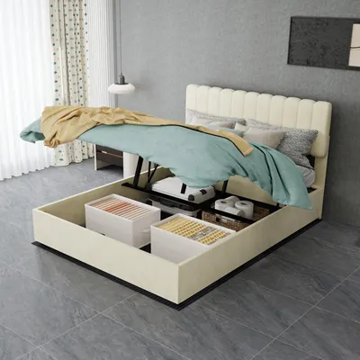 Obrázok produktu pre Postel s čalúnením, rozmer 140x200 cm, s úložným priestorom a plynovou pružinou, s poťahom z velúru a čalúnenou opierkou, drevená posteľ v béžovej farbe, bez matraca