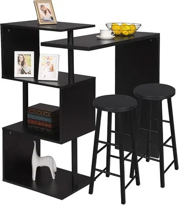 Imagen del producto de Conjunto de mesa alta con 2 taburetes, mesa alta giratoria con 3 estantes, mesa de bistró con taburete de madera y metal, 134x38x112 cm, color negro