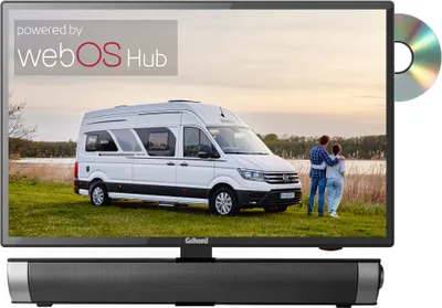 A TV screen displaying a scene with a camper van and a couple, with a soundbar below and a CD to the side.