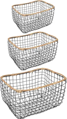 Produktbild von Metallkorb JIMO 3er Set schwarz - Aufbewahrungskörbe mit Rahmen in Rattanoptik, Drahtkorb, Dekokörbe, Organizer, stapelbar, Wohnzimmer, Badezimmer, Küche