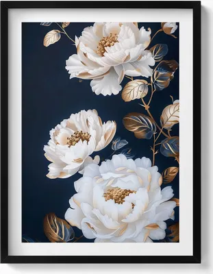 Produktbild von Schöne weiße Blumen im Glamour-Stil– Wandbild mit Rahmen – Gerahmtes Bild  – Wanddekoration – 60x80 cm –  Schwarz Rahmen