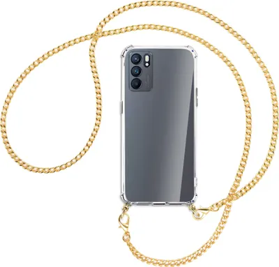 Produktbild von Handykette Backcover-Schutzhülle mit Band (Metall goldfarben) für Oppo Reno6 5G (PEQM00,CPH2251) - goldfarbene Kette
