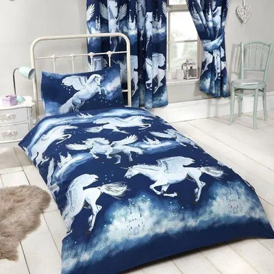 Obrázok produktu pre Uniqoos® obliečka na prikrývku s motívom jednorožca pre detskú posteľ – 150 x 120 cm, modrá, 52 % polyester / 48 % bavlna, motív jednorožca