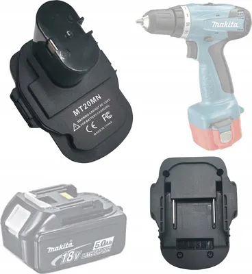 A collage of a power tool adapter, a power drill, and a battery pack.