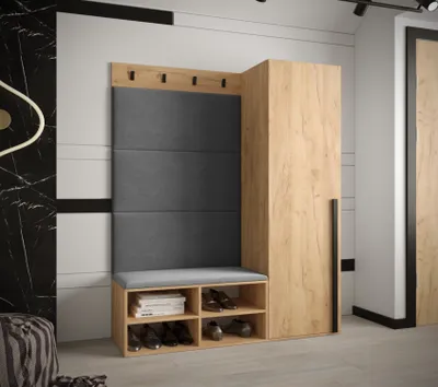 Obrázek produktu pro Předsíňová stěna s čalouněnými panely HARRISON - dub zlatý, šedé panely