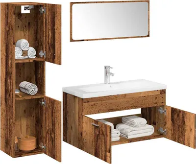Zdjęcie produktu dla Maison Exclusive – 5-częściowy zestaw mebli łazienkowych z materiału drewnopochodnego o wyglądzie postarzanego drewna