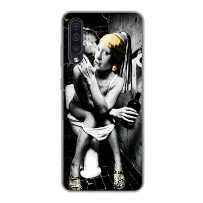 Produktbild von MuchoWow® Handyhülle Schutzhülle Hülle für Samsung Galaxy A30s Marmoroptik - Mädchen mit Perlenohrring - Zigaretten - Toilette - Gold - Kunst - Alte Meister Silikon Softcase Handy Hülle - Karteninhaber
