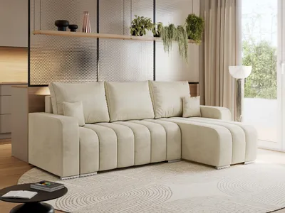 Produktbild von MKS MEBLE Sofa mit Schlaffunktion - Ecksofa mit Schlaffunktion und Bettkasten - Sofa 3 Sitzer - Schlafsofa - Couch - Schlafsofa mit Bettkasten - Kirasso L - Beige Velvet