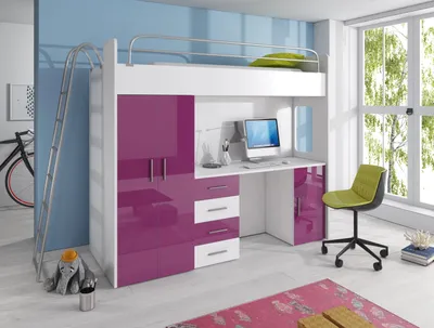 Produktbild von Etagenbett TOMI 4d , Hochglanz Kinderbett Hochbett , OHNE Matraze und Lattenrost (Weiss / Lila )