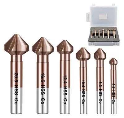Obrázek produktu pro Sada vrtáků pro zahlubování, HSS, 90°, kobalt, 6 kusů, 6,3–20,5 mm, pro nerezovou ocel, měď, hliník, dřevo, plast