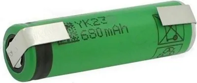 A single green battery with silver metal tabs attached to its ends, set against a white background.