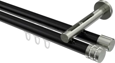 Produktbild von Interdeco Innenlaufstange / Gardinenstange mit Innenlauf Schwarz / Edelstahl-Optik, Typ Siteno Estana (Glitzerkappe), 20 mm Ø 2-läufig, 480 cm