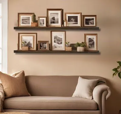 A living room scene with a sofa and shelves displaying framed pictures and plants.