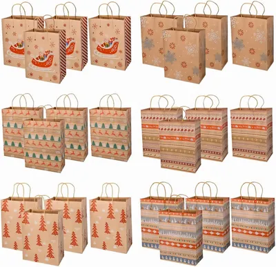 Produktbild von Geschenktüten, Papiertüten mit Henkel, 24 Stück 27x21x11cm Geschenktüte, Weihnachten Gedruckt Geschenktüten Kindergeburtstag, Geschenktüte Groß für Party, Hochzeit, Geburtstag