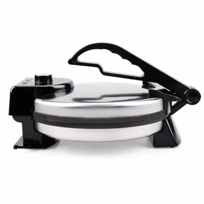 A black and silver electric crepe maker is shown against a white background.