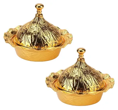 Bonbonschale mit Deckel, 2 Stück, Gold, 9×7 cm, Vintage