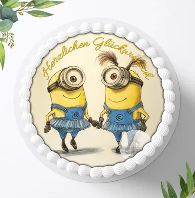 Produktbild von Für die Geburtstags Torte ein Tortenaufleger, Zuckerbild mit dem Motiv: Minions, Essbares Foto für Torten, Fondant, Ø 20cm, 2454z
