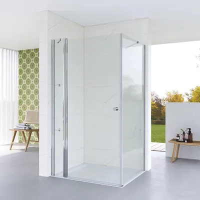Produktbild von Duschkabine 100x90 cm Eckeinstieg aus durchsichtigem ESG Sicherheitsglas mit Seitenwand Festteil  Verstellbereich Eckdusche Höhe: 187 cm