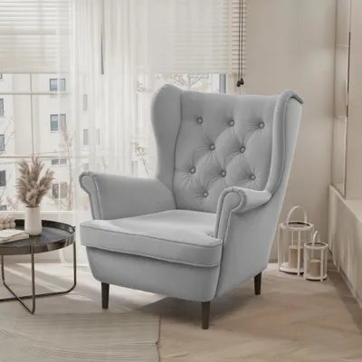 Productafbeelding van Gestoffeerde fauteuil Coco Trinity 32, zilvergrijs fluweel, oorfauteuil, Scandinavisch design