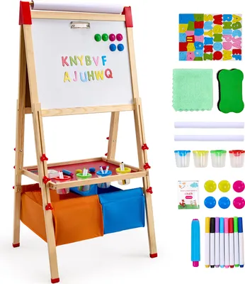 Produktbild von VEVOR Kunststaffelei für Kinder, 3-in-1-Kunststaffelei aus Holz, doppelseitig, mit magnetischem Whiteboard, Kreidetafel, Papierrolle, verstellbarem Zeichenbrett mit Malzubehör, für Kinder ab 3 Jahren