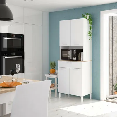 Produktbild von Mehrzweck-Schrank Chandler, Hilfsküchenschrank, Sideboard mit 4 Türen und 1 Schublade mit Einlegeböden, Kleiderschrank öffnen, 72x40h186 cm, Weiß und Eiche