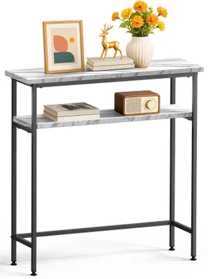 Zdjęcie produktu dla VOUNOT® Wąska konsola z 2 półkami, stolik do przedpokoju wykonany z metalu i MDF, industrialny design 75×24×75 cm, biały