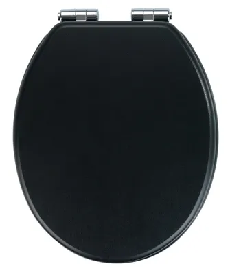 A black toilet seat with chrome hinges, shown from a top-down perspective against a white background.