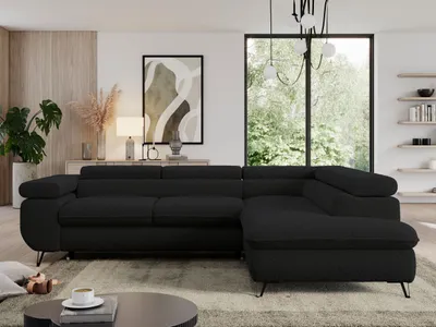 Produktbild von Couch mit Schlaffunktion, L-form Ecksofa, Wohnzimmersofa, mit Einstellbare Kopfstützen - PEDRO L - Boucle - Schwarz - Rechts