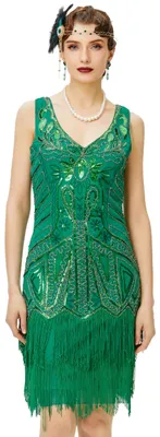 Productafbeelding van BABEYOND Dames Flapper Jurken, jaren '20 stijl, V-hals, met parels en franjes, uitstekende kwaliteit
