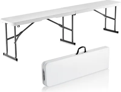 Image de Banc pliant en plastique VEVOR, banc pliant portable de 1,83 m, banc extérieur lisse et étanche en PEHD, siège de repas de pique-nique-camping avec poignée de transport, pour des activités divertissantes comme le football de jardin, blanc