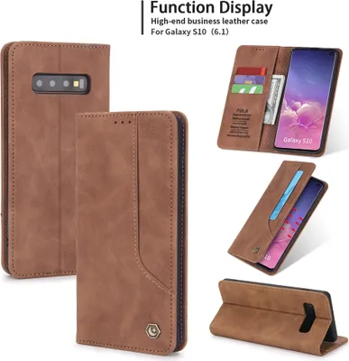 Image de Étui rétro en cuirPolyuréthanepour Samsung Galaxy S10 étui design avec porte-cartes et support Marron
