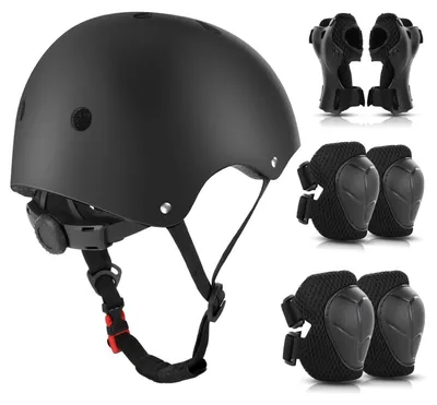 Image de Ensemble de protection pour enfants avec casque, de 3 à 10 ans, couleur noire, comprenant 7 pièces
