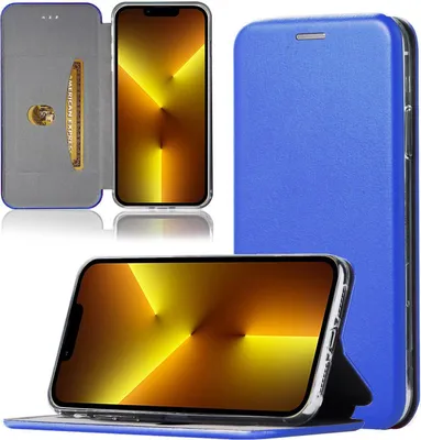 A product shot of a blue flip case for an iPhone 13 mini, shown open and closed, with a card slot visible.