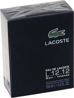 A black box of Lacoste L.12.12 Noir Intense Eau de Toilette for men.